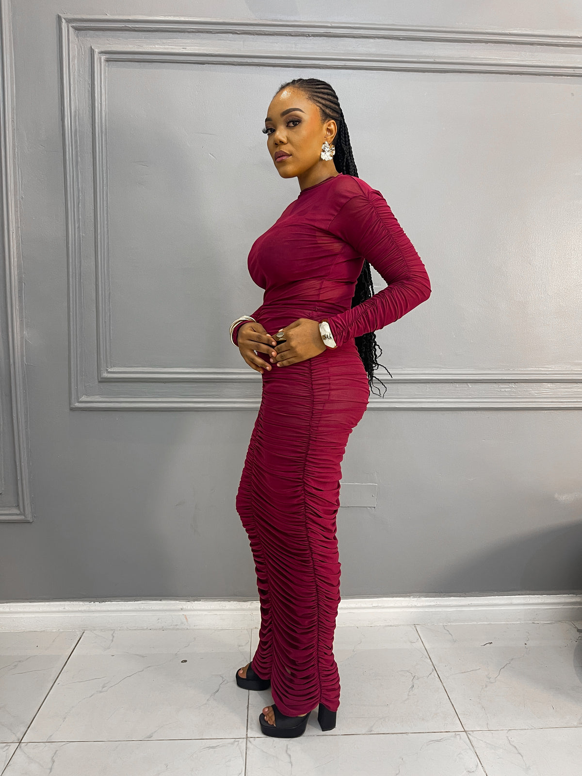 Ruched Mesh Pink Dress
